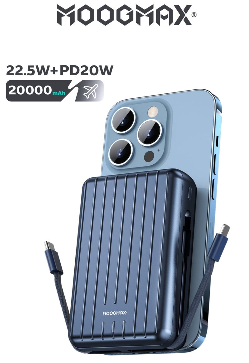 موجماكس باور بنك لاسلكي مغناطيسي من سلسلة trunk بسعة 20000mAh والجهد 22.5W فائق الشحن وكبلان مدمجان مع شحن لاسلكي بجهد 15 واط و 3 منافذ خارجية 1 Type-c و 1 Type-A ومنفذ لايتنينج(ايفون) لشحن الباوربنك. أزرق - Image 1